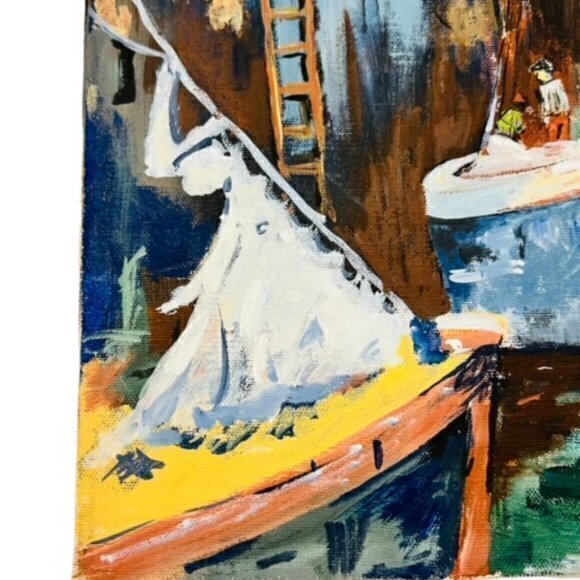 🎉PRICE REDUCED🎉 Nautical SAILBOATS AT DOCK Canvas Painting‎ 1974 Signed 20x16 - Picture 3 of 16